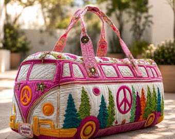 Personalized Retro Quilted Duffle Bag, Floral Boho Weekender Bag, Custom Name Travel Bag, Colorful Overnight Bag Gift for Her