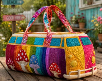 Colorful Quilted Duffle Bag, Retro Rainbow Mushroom Weekender Bag, Floral Travel Bag, Cute Cottagecore Overnight Bag, Gift For Her