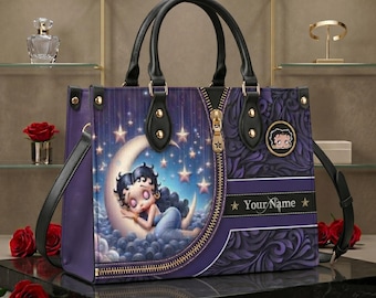 Personalized Dreamy Moon Betty Boop Leather Tote Bag, Purple Gothic Custom Name Handbag with Zipper Detail