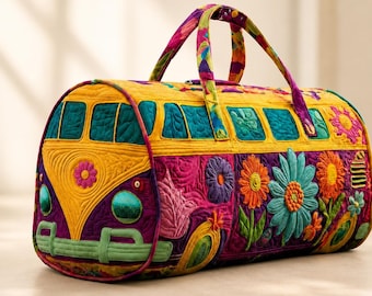 Personalized Floral Retro Van Quilted Duffle Bag, Boho Flower Weekender Bag, Colorful Travel Overnight Bag Gift For Her