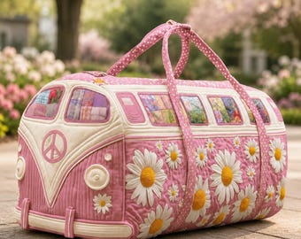 Blossom Pink Retro Van Duffle Bag, Daisy Flower Gesteppte Wochenendtasche, Blumenreisetasche, Boho Road Trip Reisetasche, Geschenk für Sie