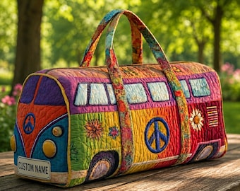 Personalisierte Hippie Bus Gesteppte Reisetasche, Retro Boho Reisetasche, Benutzerdefinierte Name Weekender Tote, Bunte Sporttasche