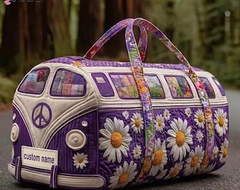 Personalized Sunflower Quilted Duffle Bag, Custom Name Quilted Duffle Bag, Retro Floral Weekender Bag, Travel Overnight Bag Gift