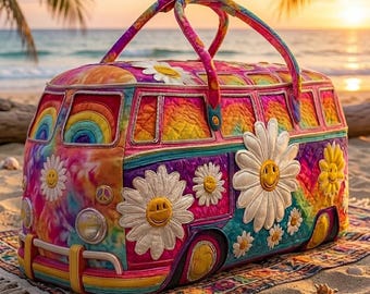 Bolsa de fim de semana retrô tie-dye | Bolsa de viagem psicodélica dos anos 70 | Mala boho para festivais | Bolsa de viagem acolchoada com margaridas e carinha sorridente