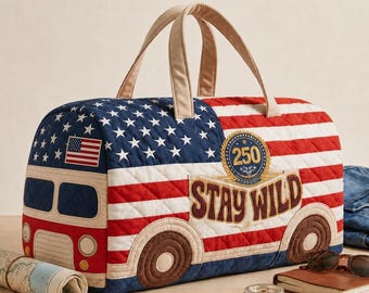 Personalized Patriotic Retro Quilted Duffle Bag, Custom Name American Flag Weekender Bag, USA 250 Travel Overnight Bag