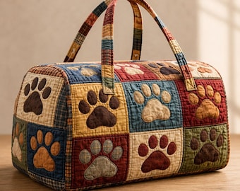 Patchwork Paw Print Quilted Duffle Bag, Dog Mom Weekender Bag, Rustic Pet Lover Travel Bag, Cozy Animal Lover Overnight Bag Gift