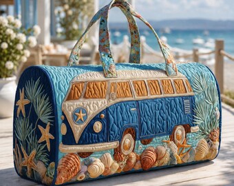 Coastal Retro Bus Quilted Duffle Bag, Beach Seashell Weekender Bag, Ocean Starfish Travel Bag, Summer Vacation Overnight Bag Gift