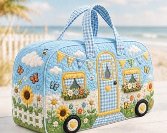 Gewatteerde plunjezak met blauwe bloemen van bestelwagen, weekendtas zonnebloem, zomerreistas, Cottagecore-weekendtas, cadeau voor haar