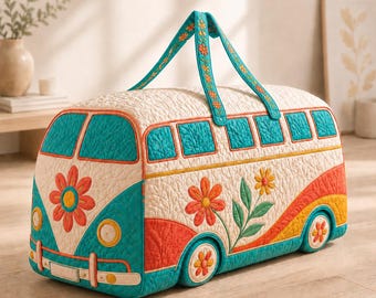 Borsa da spiaggia trapuntata personalizzata con nome, borsa tote retrò floreale ispirata a Van, borsa da weekend boho personalizzata, grazioso borsone da viaggio regalo per lei