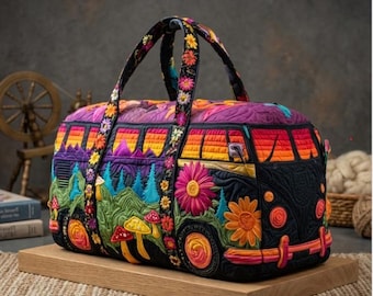 Quited Duffle Bag, Colorful Quilted Weekender, Mushroom Getaway Duffle, Nature Camp Luggage, Floral Road Trip Tote