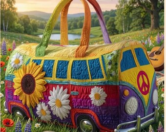 Retro Hippie Bus Weekender Bag | Quilted Boho Travel Duffle | 70s Peace Sign Sunflower Tote | Colorful Patchwork Festival Luggage