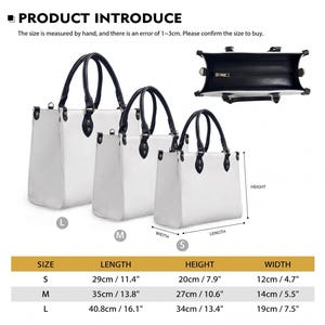 May include: White tote bags with black handles and accents are displayed in three sizes: small, medium, and large. The image includes a size chart with measurements in inches and centimeters. The text at the top reads "PRODUCT INTRODUCE".