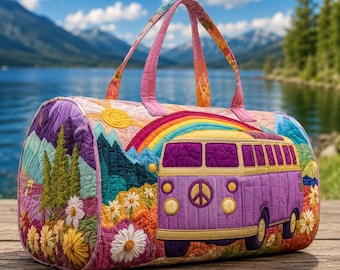 Retro Bus Quilted Duffle Bag, Rainbow Flower Weekender Bag, Boho Travel Bag, Colorful Overnight Bag, Nature Road Trip Gift