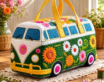 Sunflower Retro Bus Quilted Duffle Bag, Floral Weekender Bag, Hippie Flower Travel Bag, Boho Camping Style Overnight Bag, Gift for Her