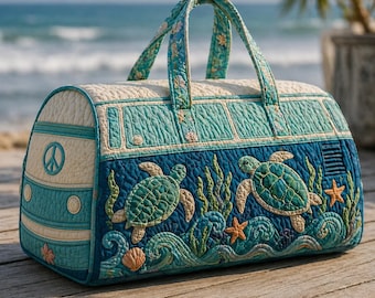 Sea Turtle Quilted Duffle Bag, Coastal Ocean Weekender Bag, Beach Travel Overnight Bag, Marine Life Travel Bag Gift for Her