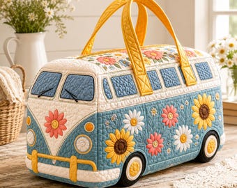 Floral Retro Bus Quilted Duffle Bag, Sunflower Weekender Travel Bag, Boho Hippie Flower Overnight Bag, Cute Gift for Her