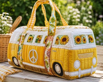 Sunflower Retro Bus Quilted Duffle Bag, Floral Weekender Travel Bag, Yellow Boho Overnight Bag, Cottagecore Road Trip Gym Bag Gift