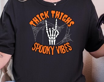 Thick Thighs Spooky Vibes T-Shirt | Skeleton Hand Bats Halloween