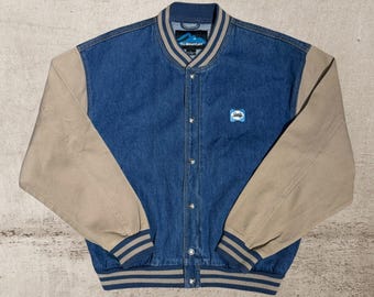 Vintage Denim Letterman Varsity Jacket Men's Large Tan Sleeves Sealy Patch