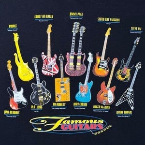 Vintage Famous Guitars T-Shirt Men's XL Black Gibson Fender Rock Blues Music image 3