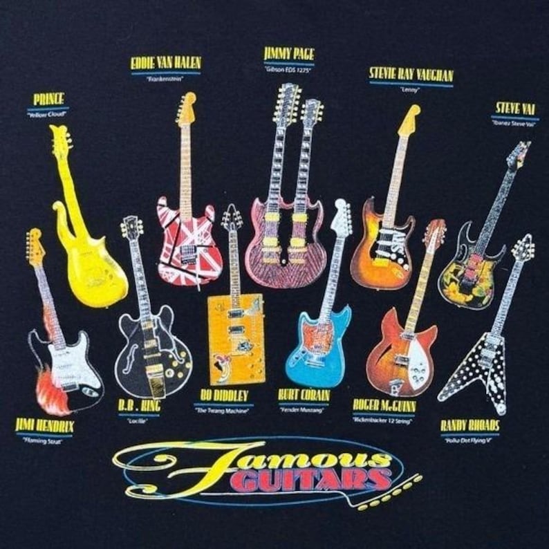 Vintage Famous Guitars T-Shirt Men's XL Black Gibson Fender Rock Blues Music image 3