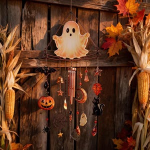 Halloween Ghost Wind Chime Suncatcher Hanging Ornament, Pumpkin Bat Spider Web Window Decor, 2D Acrylic Light Catcher for Indoor Outdoor