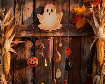Dzwonek wietrzny z motywem ducha na Halloween, ozdoba okienna z pajęczyny w kształcie dyni i nietoperza, dwuwymiarowy akrylowy łapacz światła do użytku wewnątrz i na zewnątrz