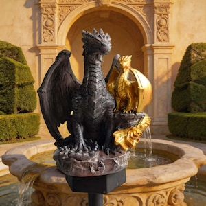 medieval double dragon garden stake light, fantasy creature solar outdoor lamp, garden hedge decorative night, rocky base sculpture lighting