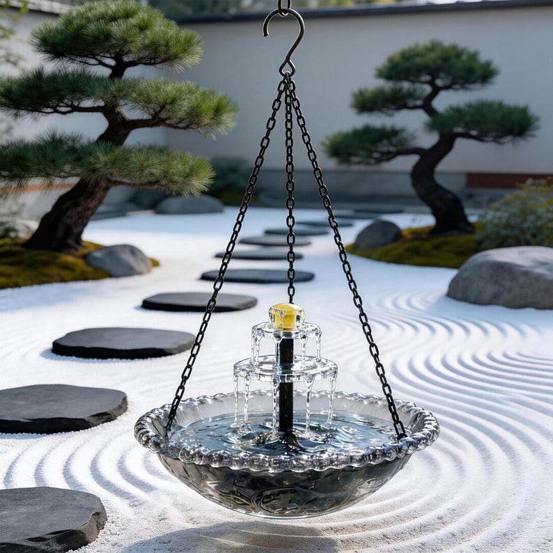 以下が含まれることがあります： 透明なガラスボウルと多層設計の吊り下げ式噴水。噴水は黒いチェーンとフックで吊り下げられています。水は最上段からボウルに流れ込みます。背景には、木と石の小道がある日本庭園があります。