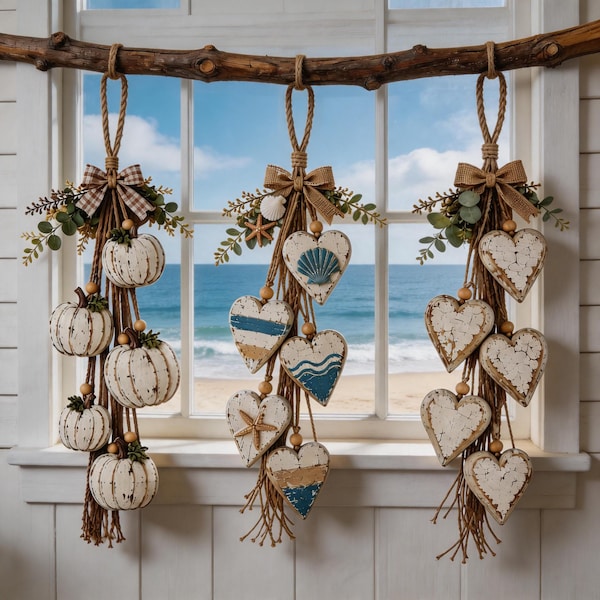 Hanging Wooden Heart,Cascading Rustic Wood Heart Wall Hanger, Farmhouse Wooden Heart Garland, Shabby Chic Country Home Wall Decor Accent