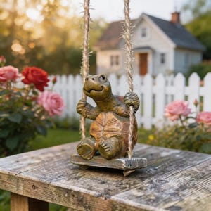 May include: A brown turtle figurine sitting on a small wooden swing suspended by two thick, textured ropes. The turtle has a detailed shell pattern, visible limbs, and a smiling expression. The swing is positioned on a weathered wooden surface.
