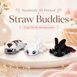May include: Three 3D printed straw toppers featuring a grey and white bison-like creature, a white dragon with blue eyes, and a black dragon with green eyes. The text reads: Handmade 3D Printed Straw Buddies Cute Drink Accessories.