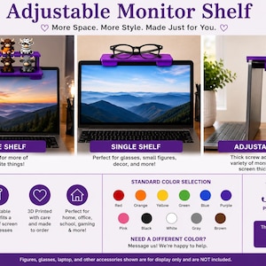 May include: An adjustable purple monitor shelf featuring a double-tier design for figures, a single-tier option for glasses, and a thick screw mechanism for screen attachment. The display includes text labels, color swatches, and the JoAcy brand name.