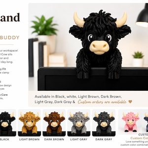 May include: A black Highland Cow monitor buddy figurine with cream-colored horns and a light-colored muzzle. The figure features textured fur and large expressive eyes. Text on the image includes 'Highland Cow MONITOR BUDDY' and 'CUTE FUNCTIONAL & FUN!'.