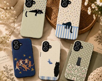 Cute Cat iPhone Case, Vintage Floral Phone Case, Aesthetic Kitty Phone Cover, Cottagecore Cat Lover Gift, Protective iPhone Case