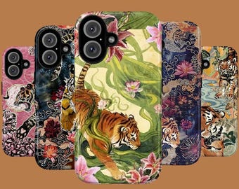 Tiger Chinese Artistic Phone Case, Floral Tiger Retro Pop Art Cover, Baddie Aesthetic Case for iPhone & Samsung Galaxy