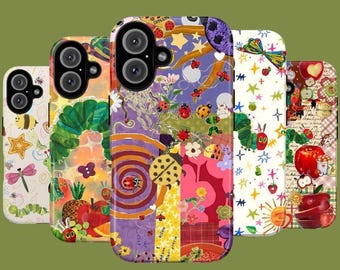 Whimsical Caterpillar Phone Case, Colorful Bug Fruit Collage Cover, Pastel Floral Patchwork Case for iPhone & Samsung (MagSafe Available)