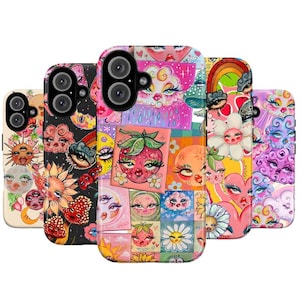 May include: A collection of colorful phone cases with unique, artistic designs. Each case features a different collage of illustrations, including faces, flowers, and rainbows. The cases are in various colors, including pink, black, and yellow.