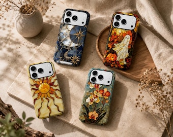 Stained Glass iPhone Case, Artistic Phone Case, Vintage Floral & Celestial Phone Cover, Aesthetic Protective Case for iPhone