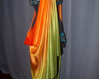 Belly Dance Pure Silk Veil Autumn Orange Copper Green Ombré Hand Dyed 6 mm IN STOCK