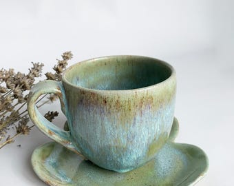 Beautiful mug with floral saucer, handmade ceramic gift for Mother's Day, coffee lover gift idea, green teacup and saucer