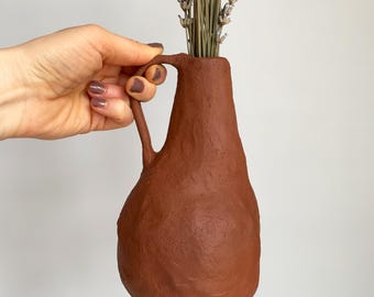 Small rustic ceramic vase, terracotta, handmade, modern farmhouse interior design decor, sideboard vignette, flower vase for dried flowers