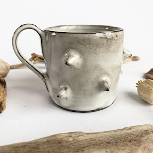 Peut inclure: Une tasse en céramique avec un émail gris et blanc cassé moucheté, dotée d'une anse incurvée et de plusieurs petites protubérances coniques pointues sur la surface extérieure. Le bord et la base présentent une fine ligne sombre contrastée.
