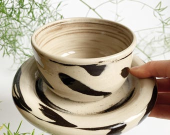 Hand-thrown two-piece breakfast set: coffee mug and bubble plate, Japandi style, black and white, kitchen decor, hand-thrown ceramic
