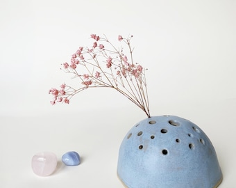 Hand-thrown blue flower frog for minimalist flower decor, ceramic home accessory, unique mini vase, Ikebana design