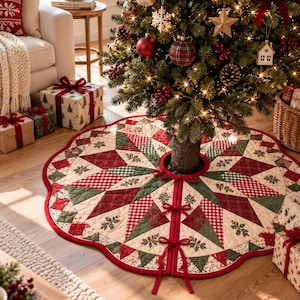 Christmas Tree Skirt, Printed Patchwork Tree Skirt, Farmhouse Christmas Tree Decor, Red Green Holiday Tree Skirt, Rustic Xmas Decoration