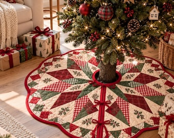 May include: A round, quilted Christmas tree skirt featuring a patchwork star pattern in red, green, and cream. The fabric displays plaid, gingham, and holly leaf prints with a scalloped edge and three red ribbon ties for closure.