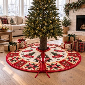 May include: A round, quilted Christmas tree skirt featuring a cream-colored base with a repeating pattern of red pickup trucks carrying pine trees, green and red star motifs, and holly sprigs. The skirt has a red border and three red ties.