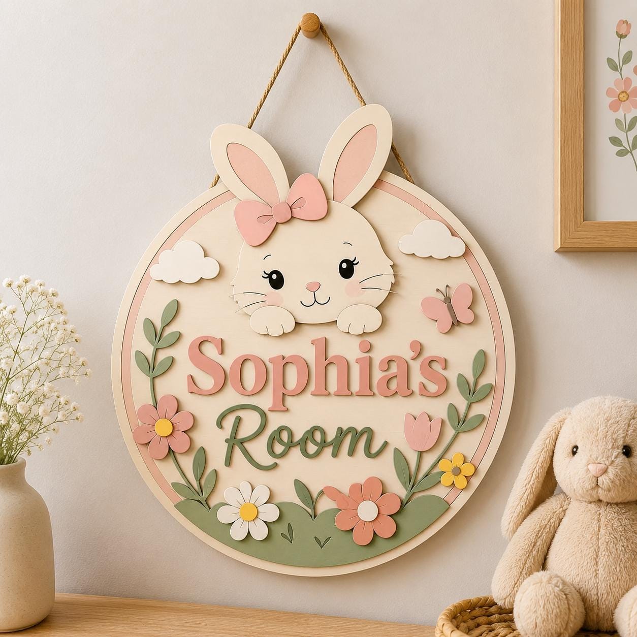 Personalized Bunny Nursery Sign, Custom Wooden Name Sign, Floral Rabbit Room Decor, Baby Girl Name Plaque, Kids Bedroom Wall Art Gift