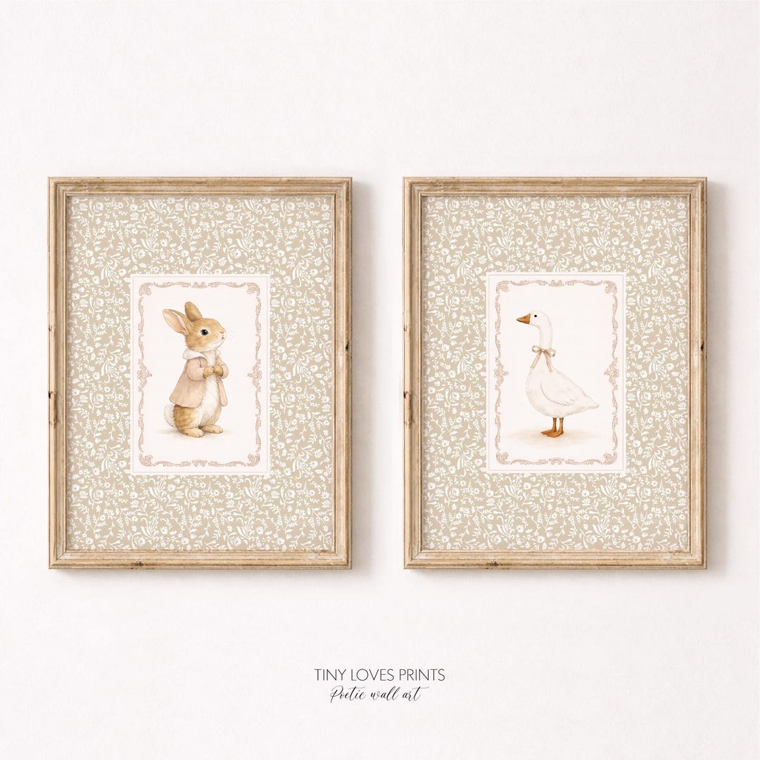 Vintage Bunny & Goose Nursery Prints Set of 2, Neutral Baby Room Wall ...